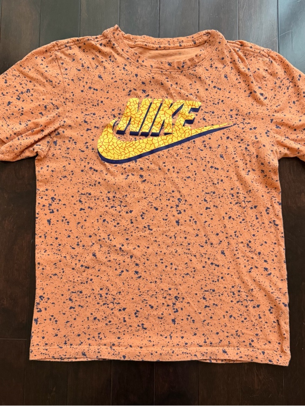 Nike Men's T-Shirt Size XS Orange Splatter Swoosh Logo Short Sleeve Crew Neck